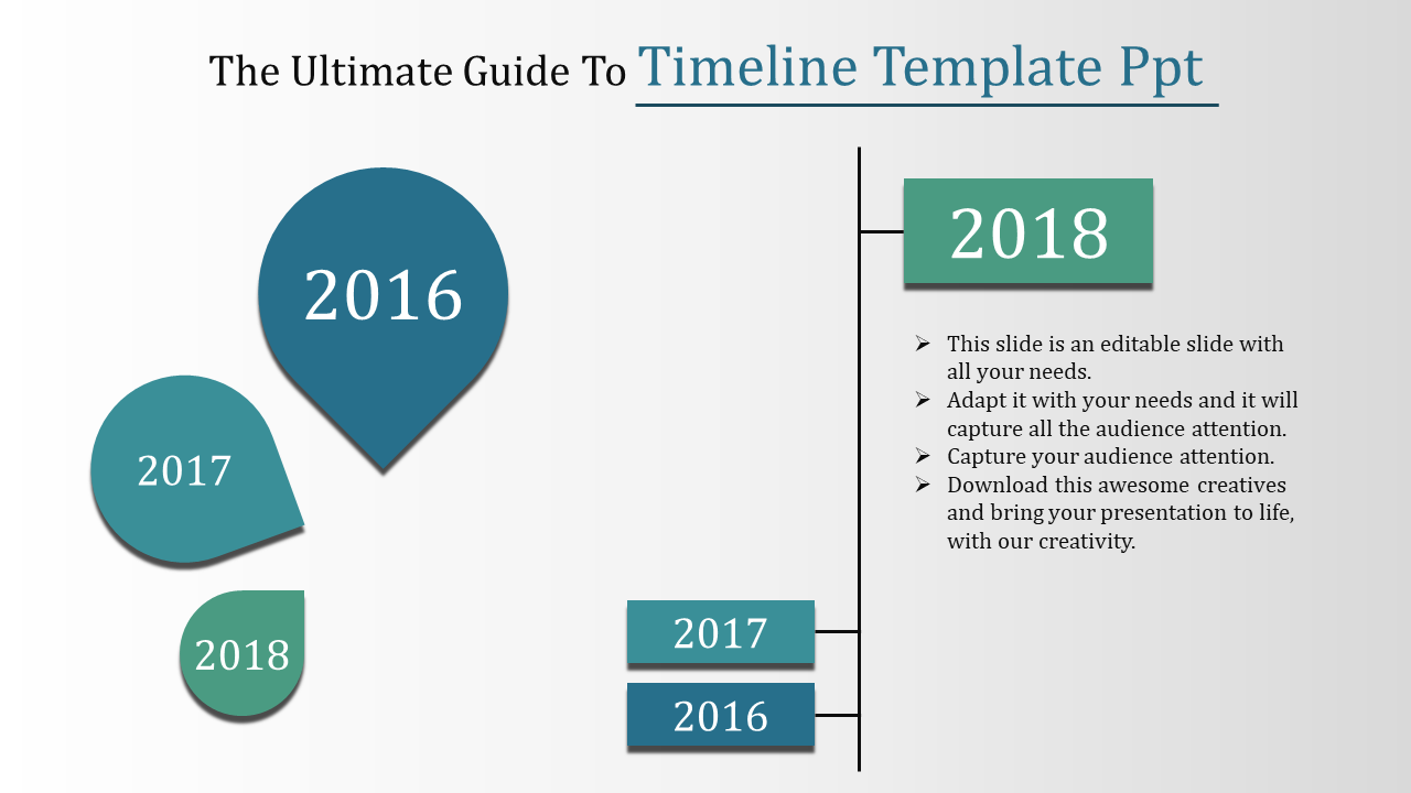 Timeline PowerPoint slide with years 2016, 2017, 2018, and 2019, presented in droplet and rectangular shapes.