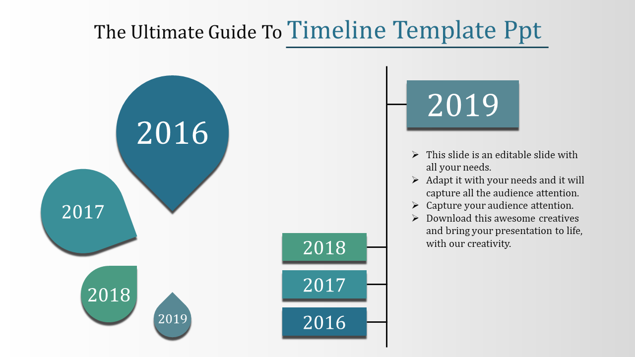 Timeline PPT template with years 2016 to 2019 arranged in a water droplet shape and vertical boxes.