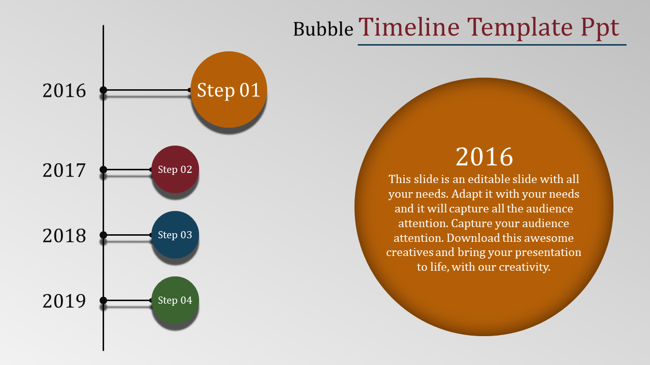 Vertical timeline with bubbles representing years from 2016 to 2019, highlighting 2016 in a large orange circle.