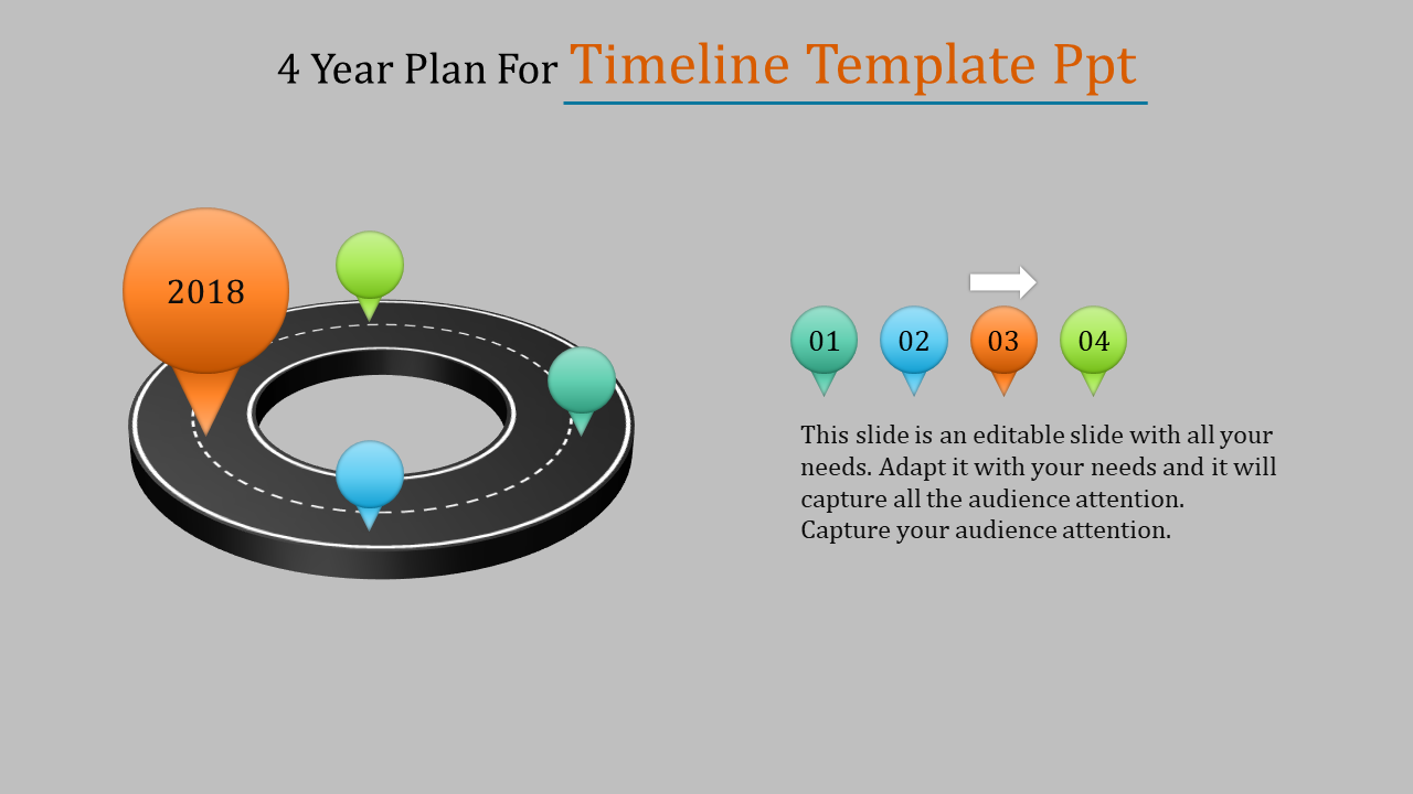 Circular black timeline with colorful year pins paired with numbered steps and an arrow for four year plan layout.