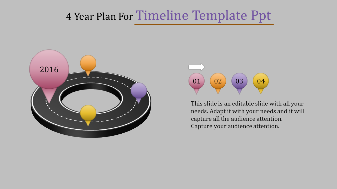 4 year plan timeline template with a 3D circular path, showing numbered steps for 2016 to 2019 with colorful icons.