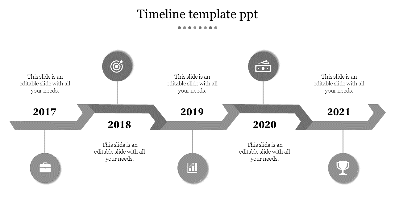 Grayscale zigzag timeline with circular icons, bold black text, and milestone markers extending from 2017 to 2021.