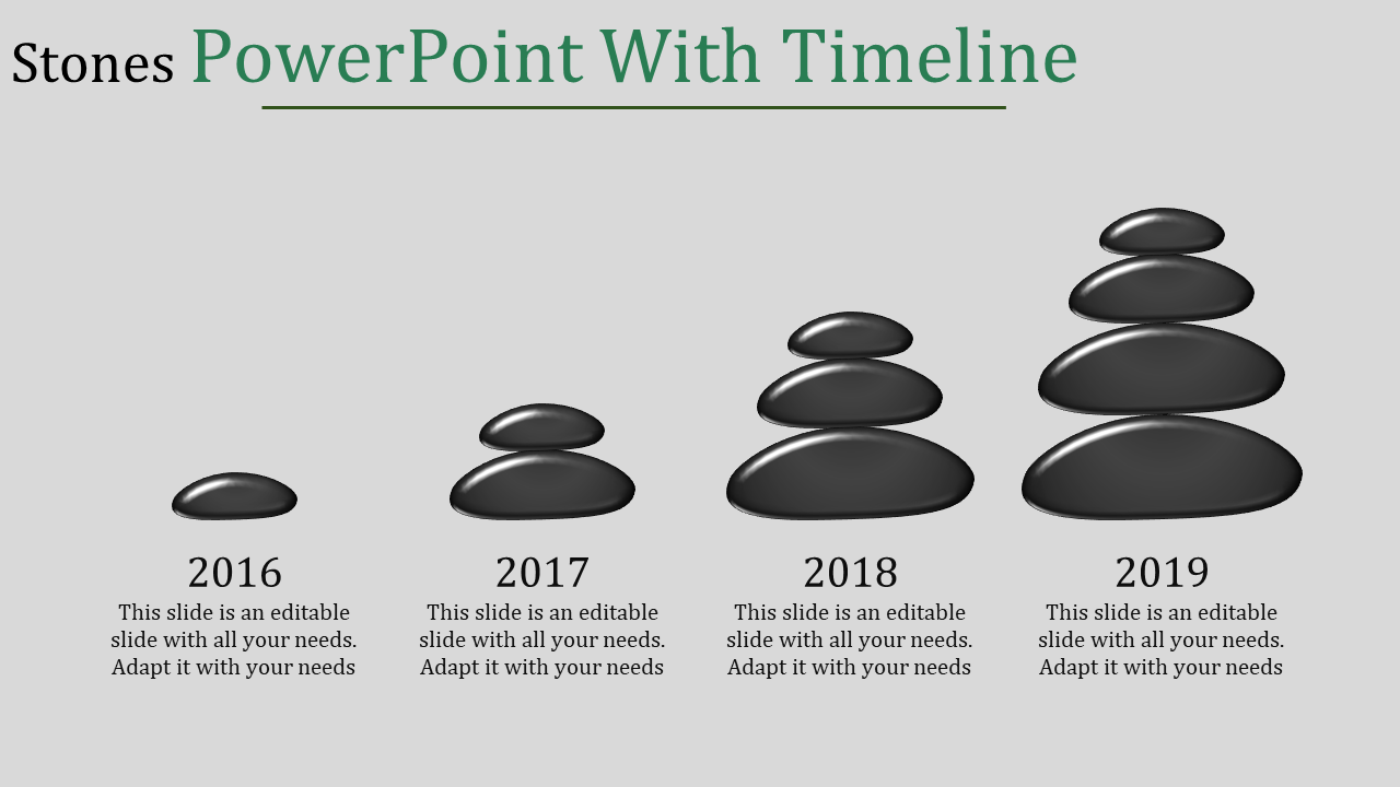 PowerPoint slide with a timeline from 2016 to 2019, represented by stacked stones growing progressively larger each year.