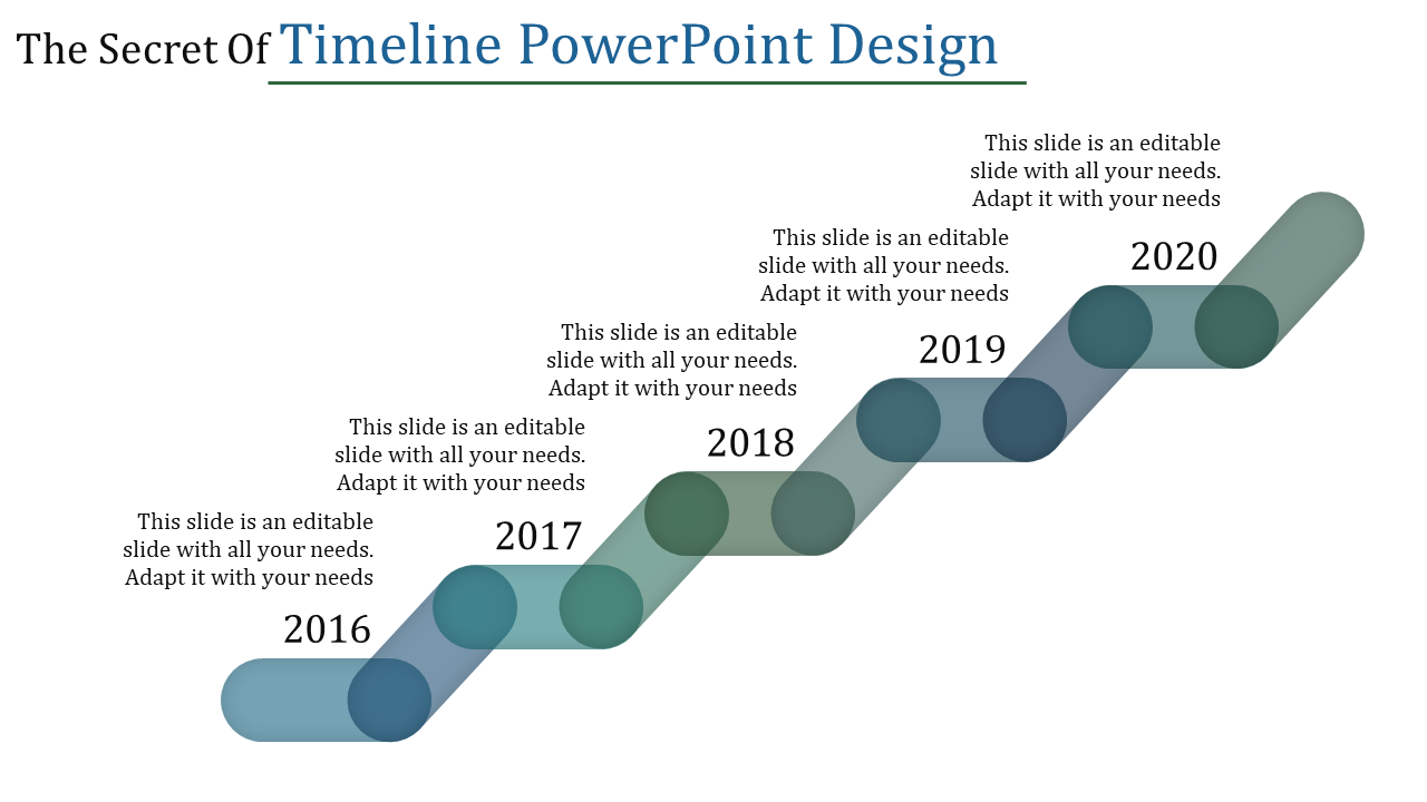 Timeline PowerPoint slide showing years from 2016 to 2020 with a smooth, flowing design and captions.