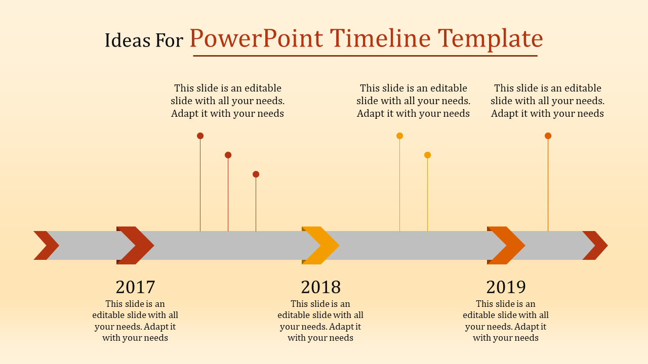 Horizontal timeline with gray line and three colored arrow labels with years 2017 to 2019 on a beige background.