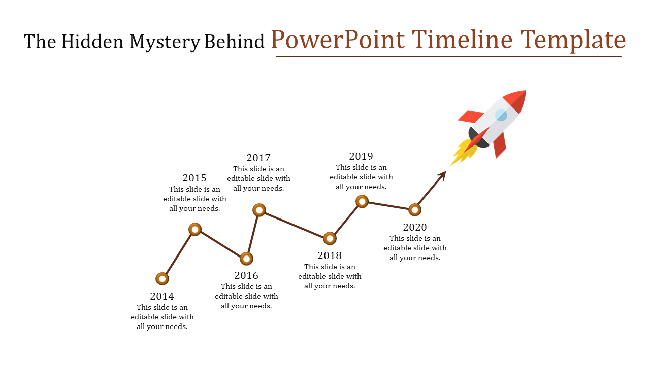 Timeline template illustrating a journey from 2014 to 2020, with milestones and a rocket symbolizing progress.