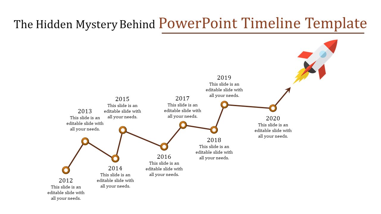 PowerPoint timeline template with a rocket icon, showing milestones from 2012 to 2020, with captions for each year.