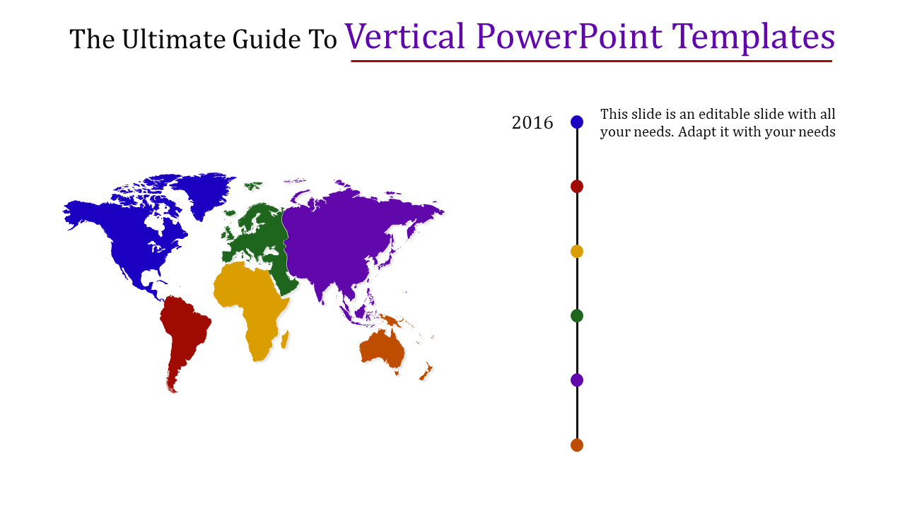 Color coded world map alongside a vertical line with multi colored dots and a year label on the right.