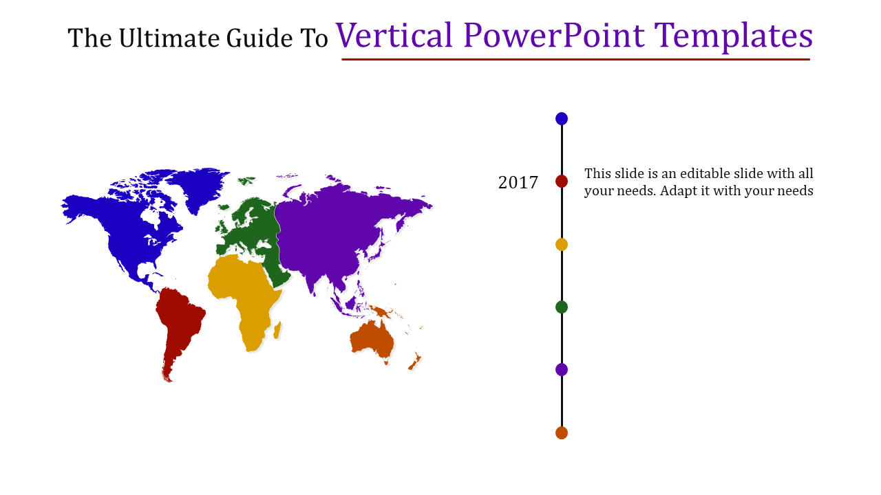 Slide showing a global map and a vertical timeline with colorful dots representing different years.