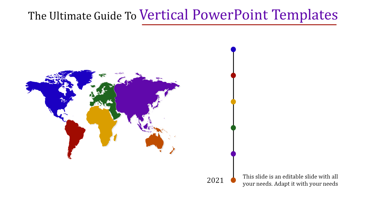 Colorful world map on the left and a vertical timeline with colored dots on the right, showcasing a year at the bottom.