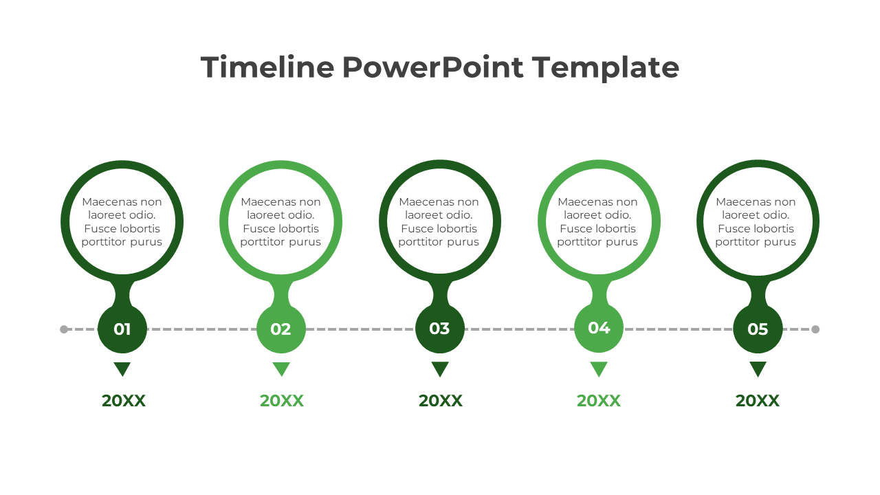 Green themed timeline with circular markers linked by a dotted line, numbered 01 to 05, and arrows pointing to years below.