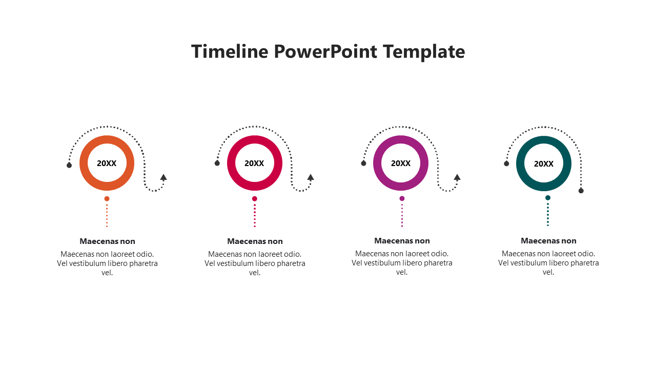 Horizontal timeline template with four color-coded circles representing milestones and placeholder text.