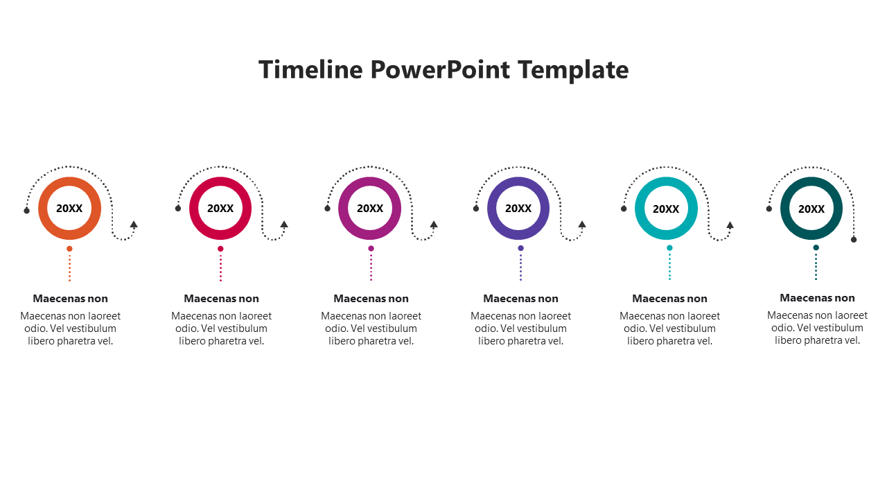 Timeline template displaying six sequential steps, each represented by a colored circle with dashed lines and upward arrows.