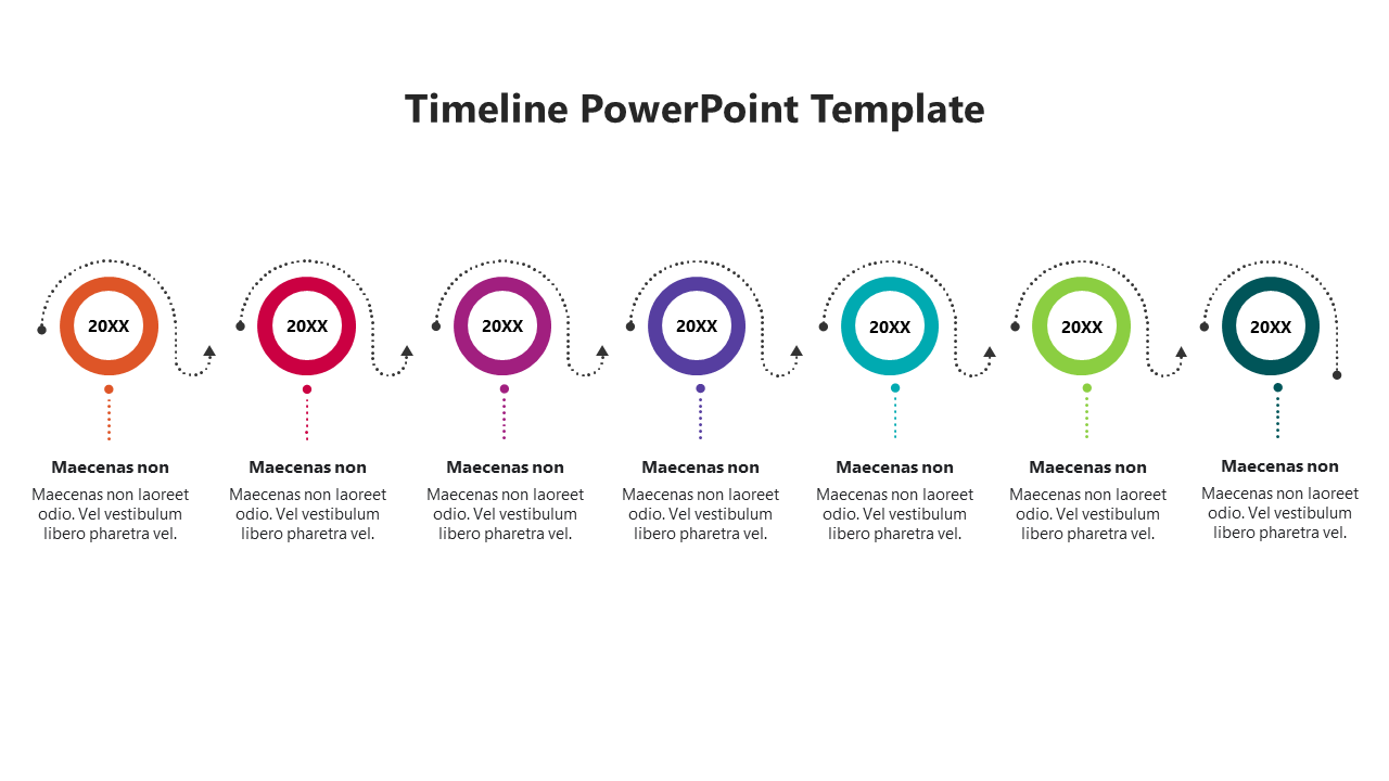 Colorful timeline layout with circular year markers in orange, red, pink, purple, blue, teal, and green, linked by arrows.