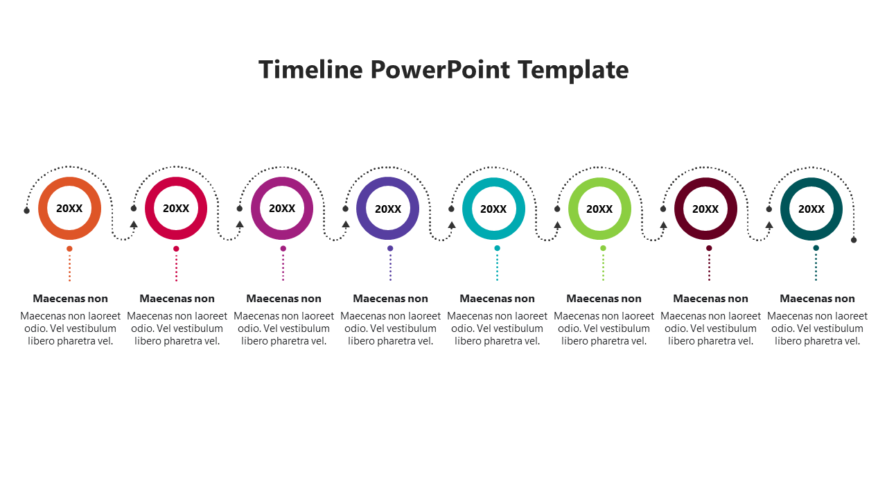 Timeline slide with eight colorful circular milestones, connected with dotted arrows, and captions below.