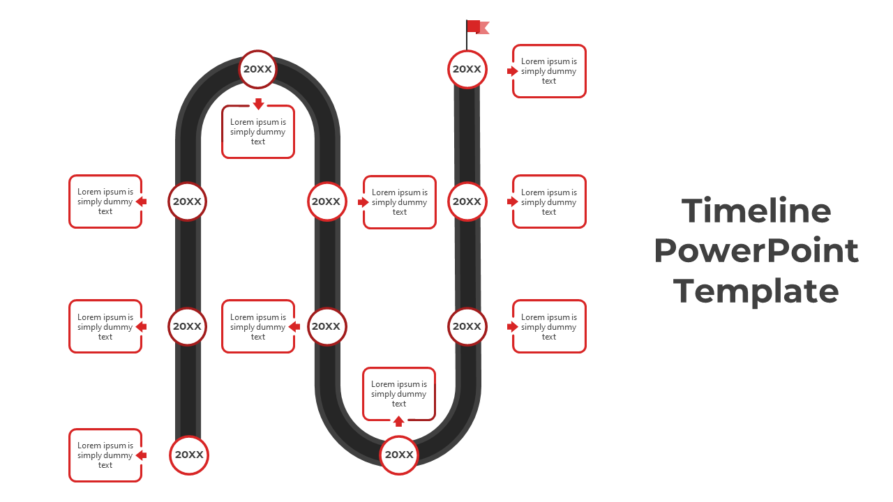 Timeline slide with a black winding line featuring ten red circular markers, paired with text boxes.