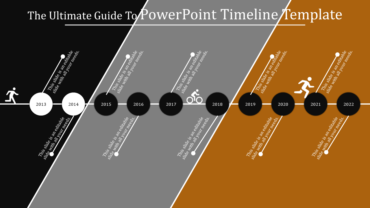 Diagonal timeline from 2013 to 2022 with black, gray, and orange section, marked by icons for running, cycling, and progress.