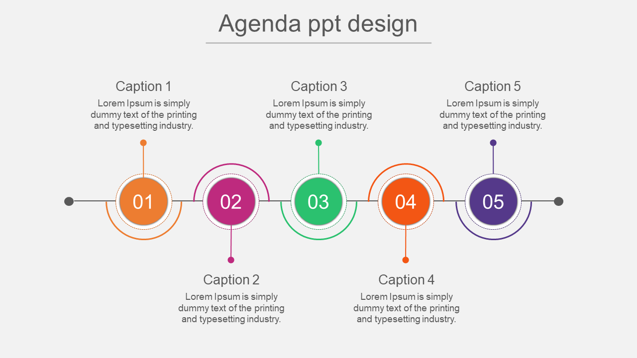 Horizontal agenda timeline with five numbered circular steps in orange, pink, green, orange, and purple.