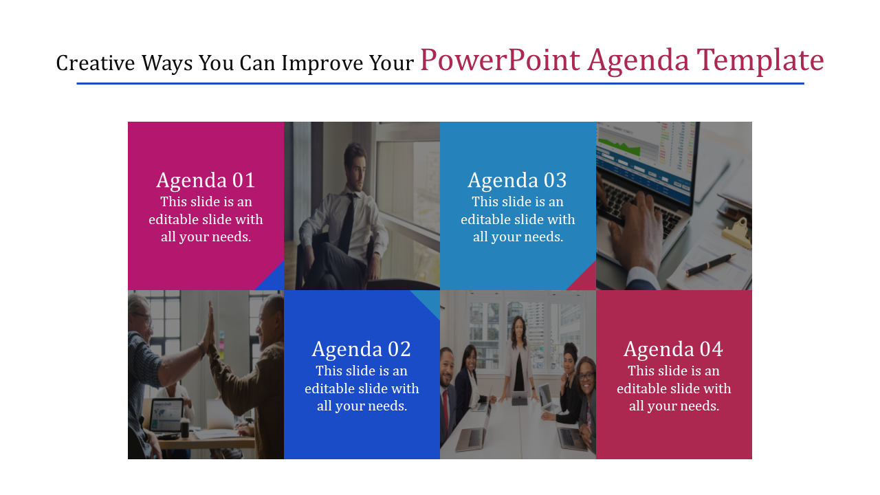 Colorful agenda template with alternating pink and blue blocks , caption areas showing business visuals.