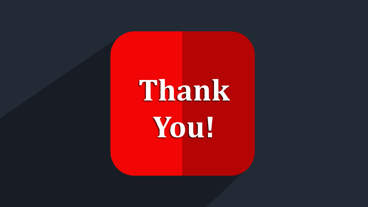 Red gradient square in the center with thank you text, set against a dark background with a long shadow.