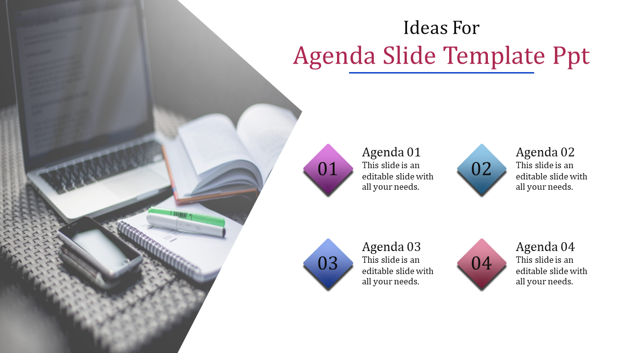 Slide featuring four colorful agenda items in diamond shapes alongside a blurred background of a laptop and notes.