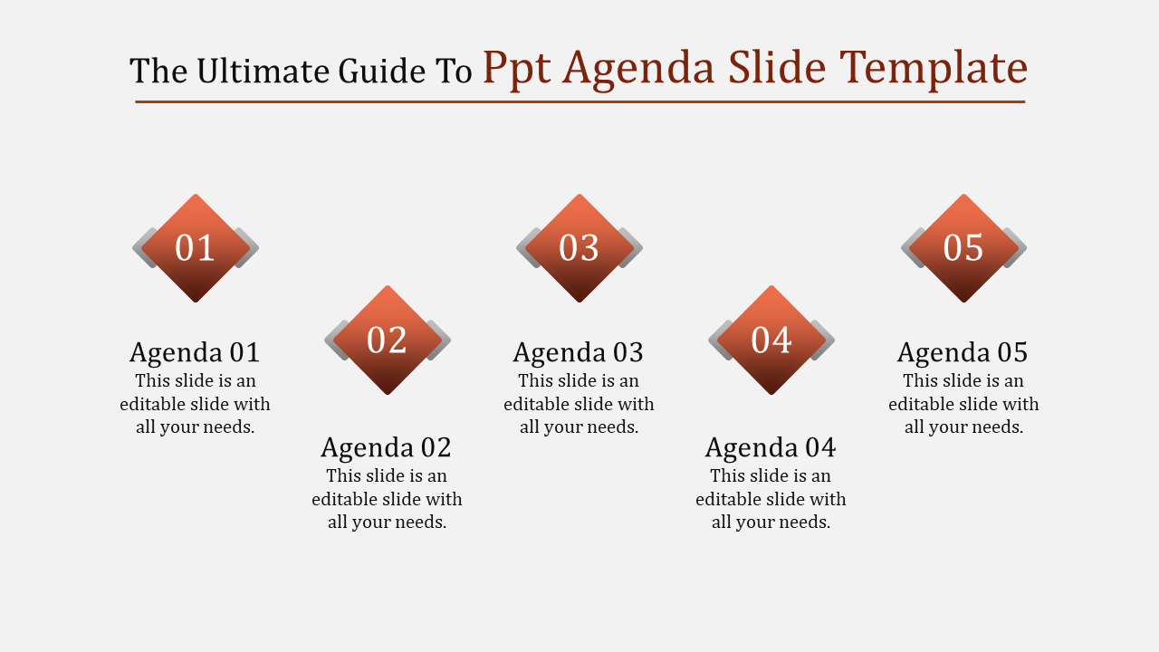 Agenda PPT slide with five sections labeled Agenda 01 to 05 with placeholder text.