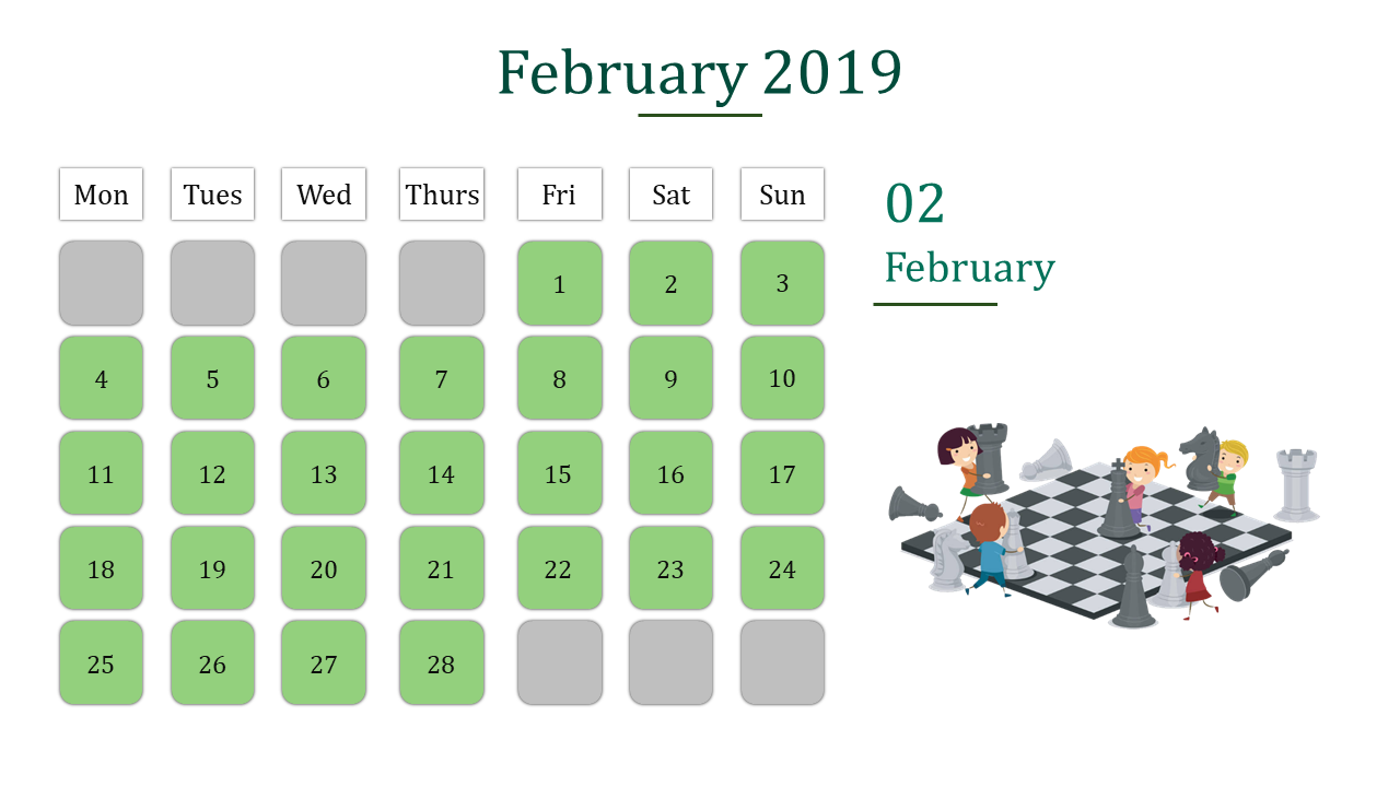 February 2019 calendar layout with green and gray date boxes, and an illustration of children playing chess.