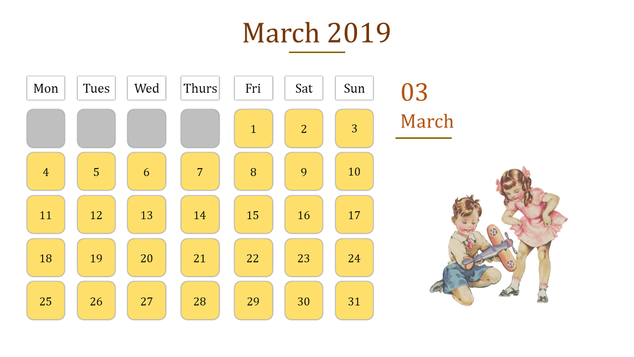 March 2019 calendar grid with yellow-highlighted dates and an illustration of two children interacting with a toy airplane.