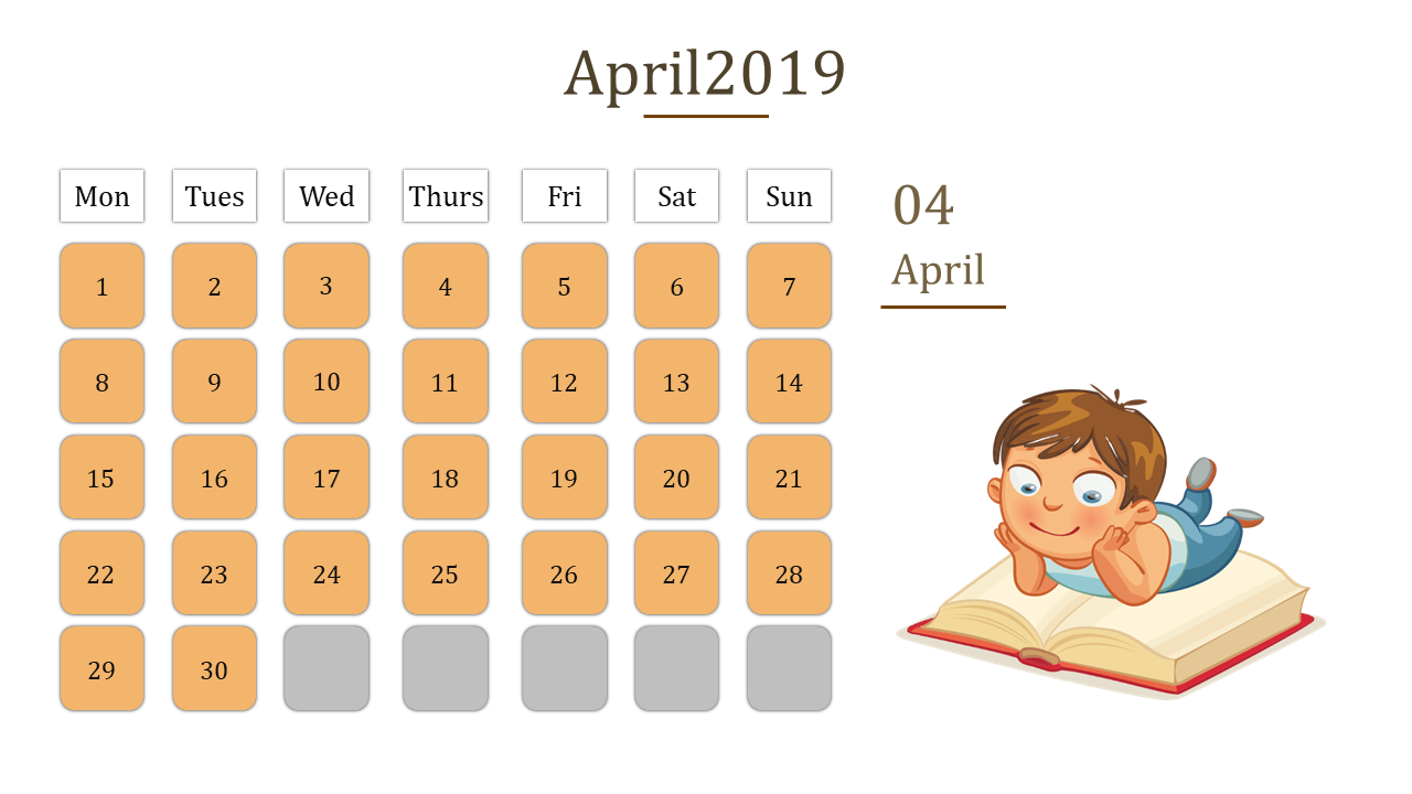 A calendar for April 2019, with a child reading a book on the right side.