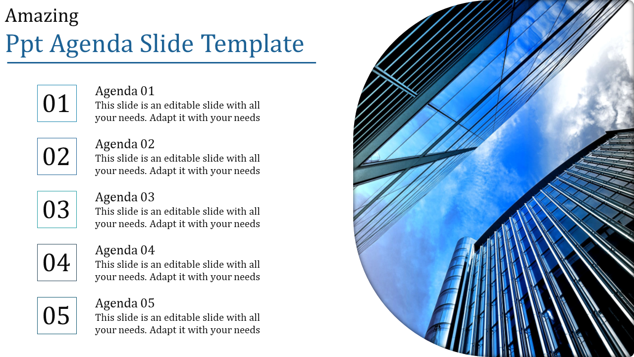 Modern agenda template displaying five vertical agenda items alongside a curved photograph of urban architecture.