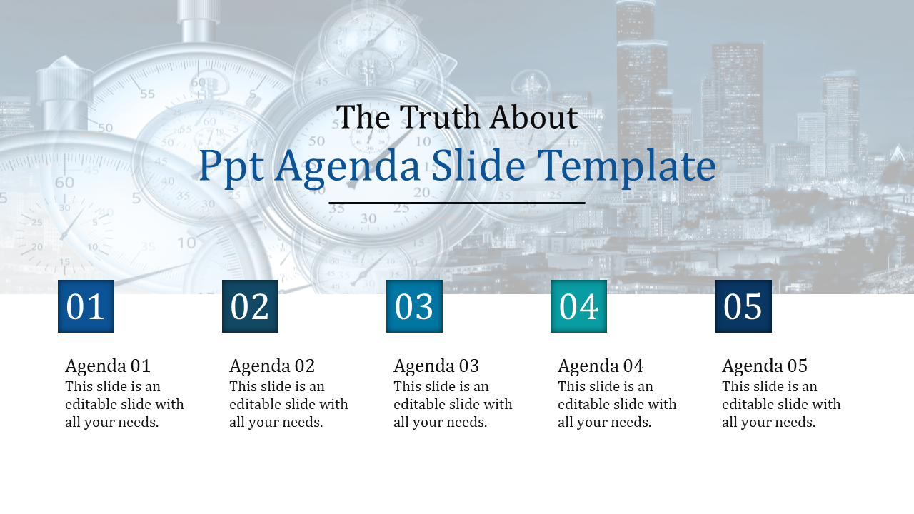 PowerPoint slide with five numbered sections for agenda items, featuring a background with clocks and a city skyline.