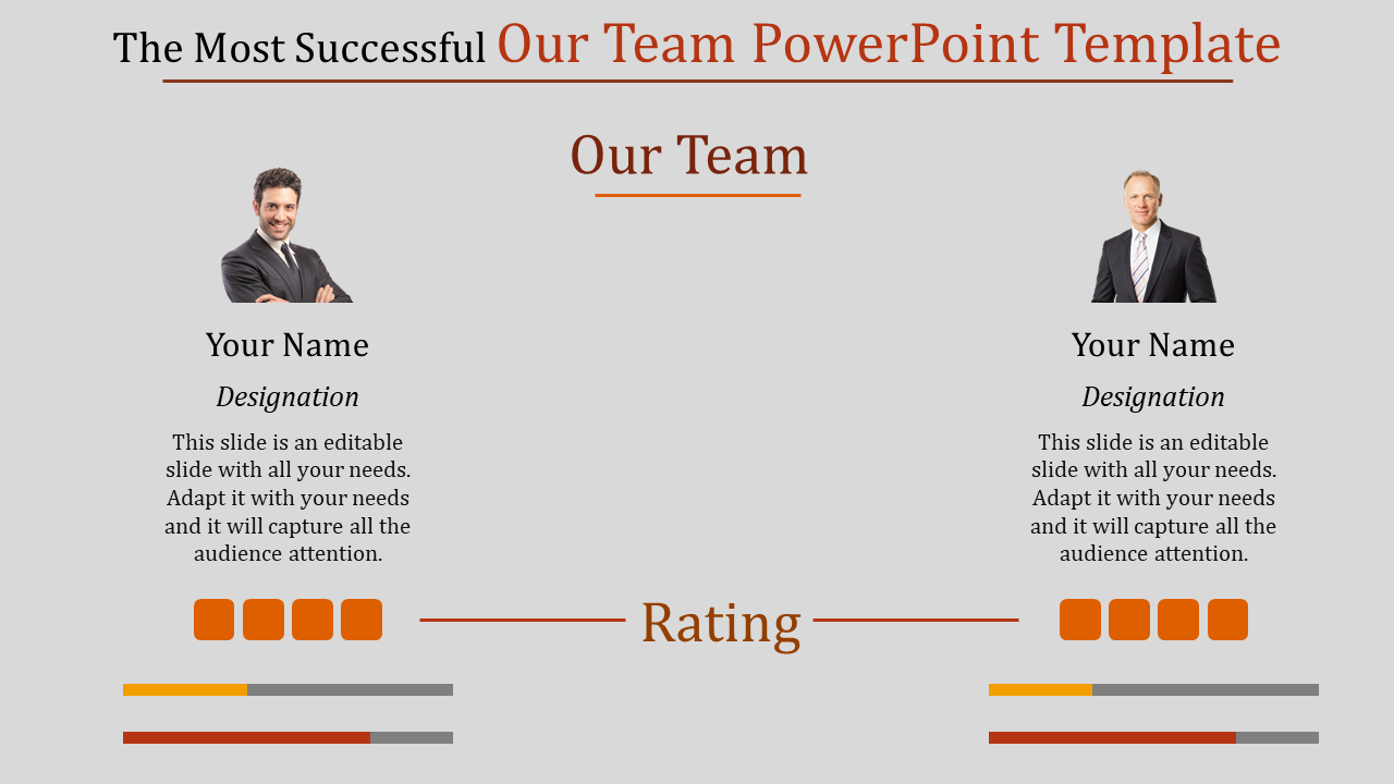 Our team PowerPoint template with space for team member details including name, position, and a rating scale.