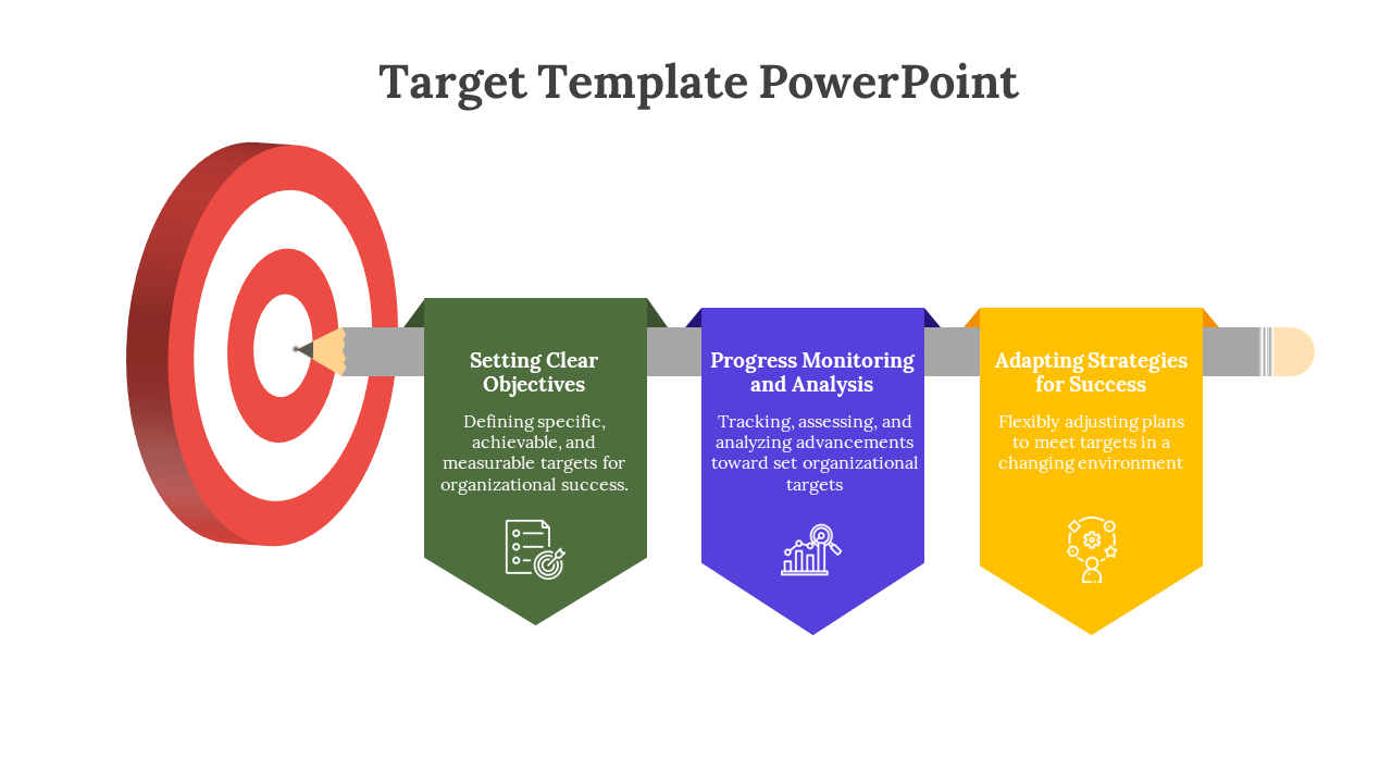 PowerPoint target template showing a dartboard and three colored banners explaining key strategies for success.