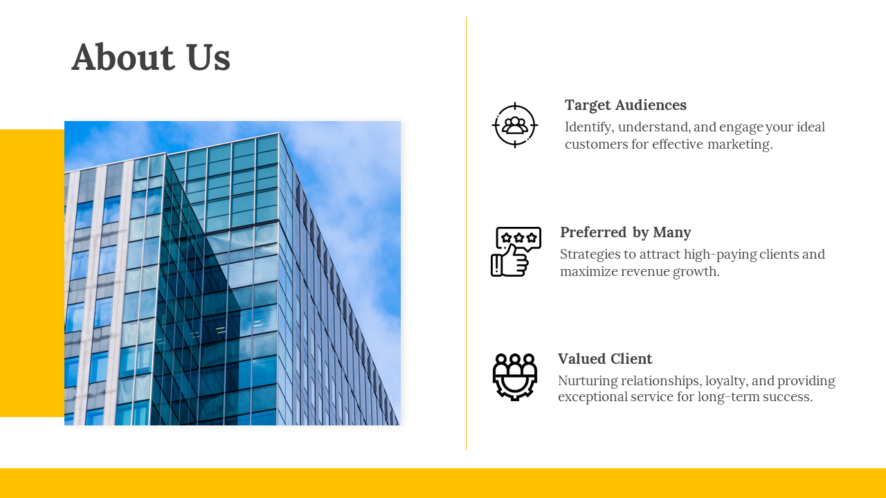 About Us slide with a modern building and icons describing target audiences, preferred clients, and valued relationships.