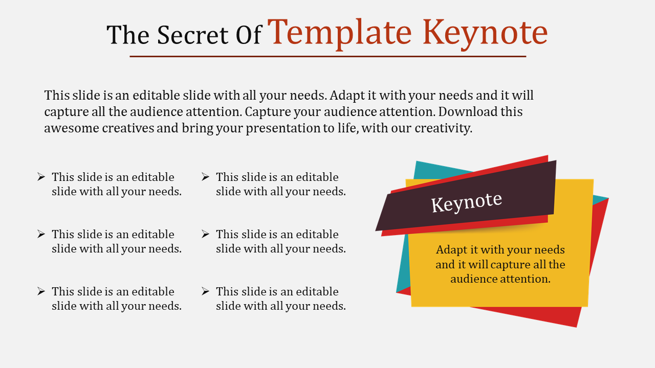 Keynote slide showcasing layered paper-style elements on the right and editable bullet points on the left.