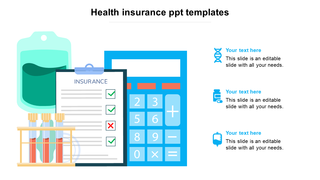 Health insurance form with checks, an IV bag, test tubes, and a calculator, with text sections on the right.