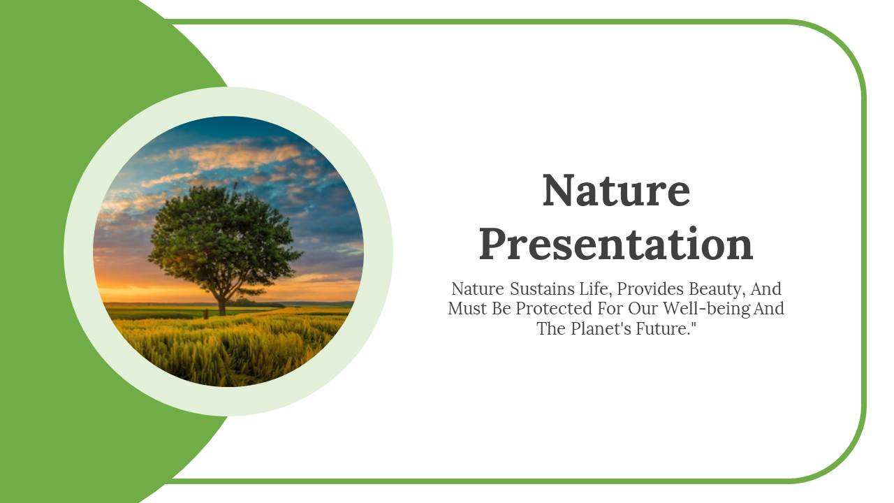 Nature-themed presentation cover showcasing a tree in an open field and green design elements.