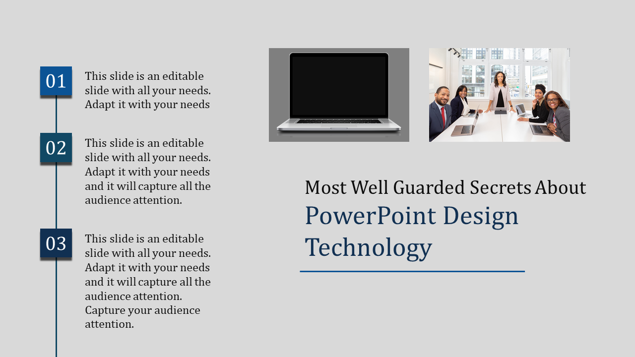 Three numbered technology slides with text, featuring a laptop on the left and a business meeting image on the right.