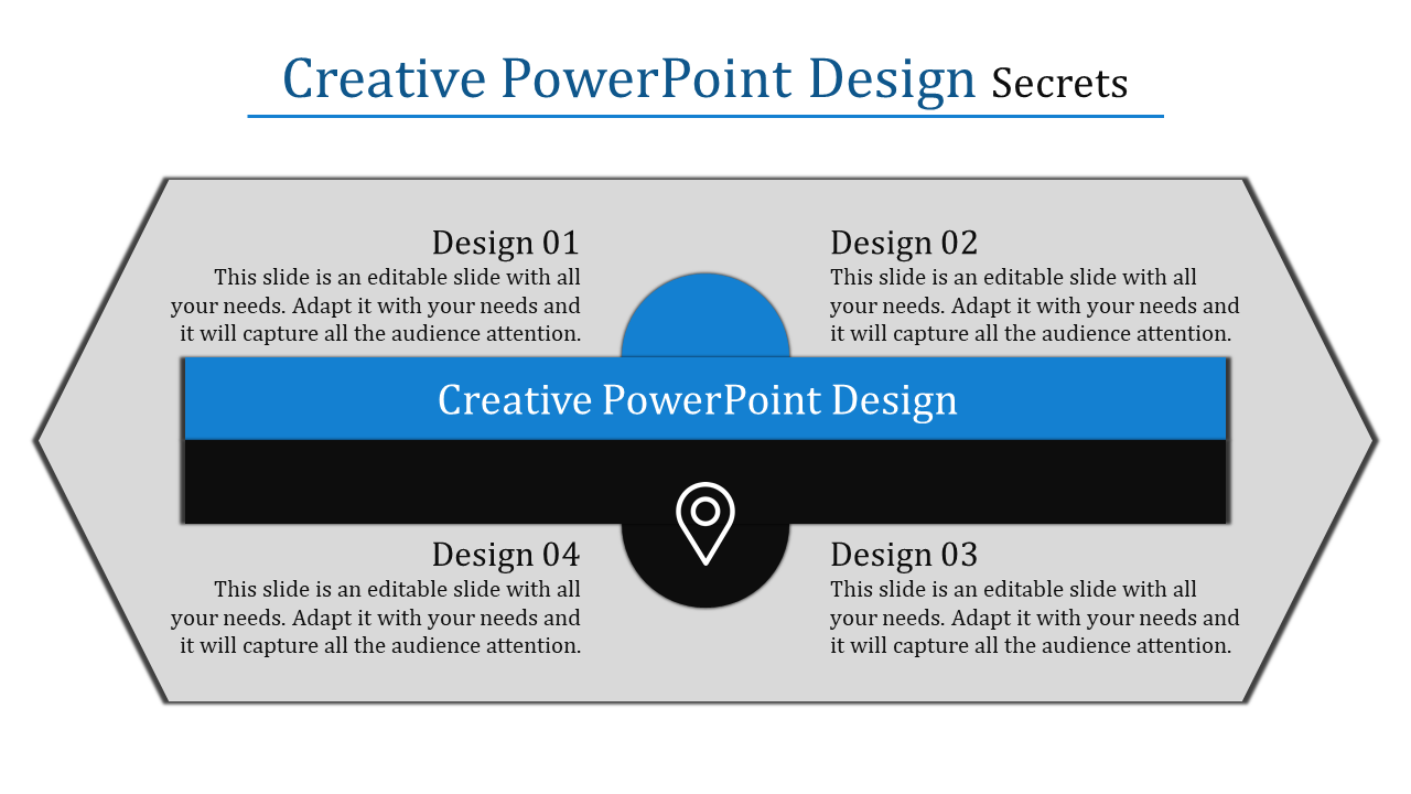 Hexagonal layout with four text areas, featuring a blue and black central bar, on a white background.