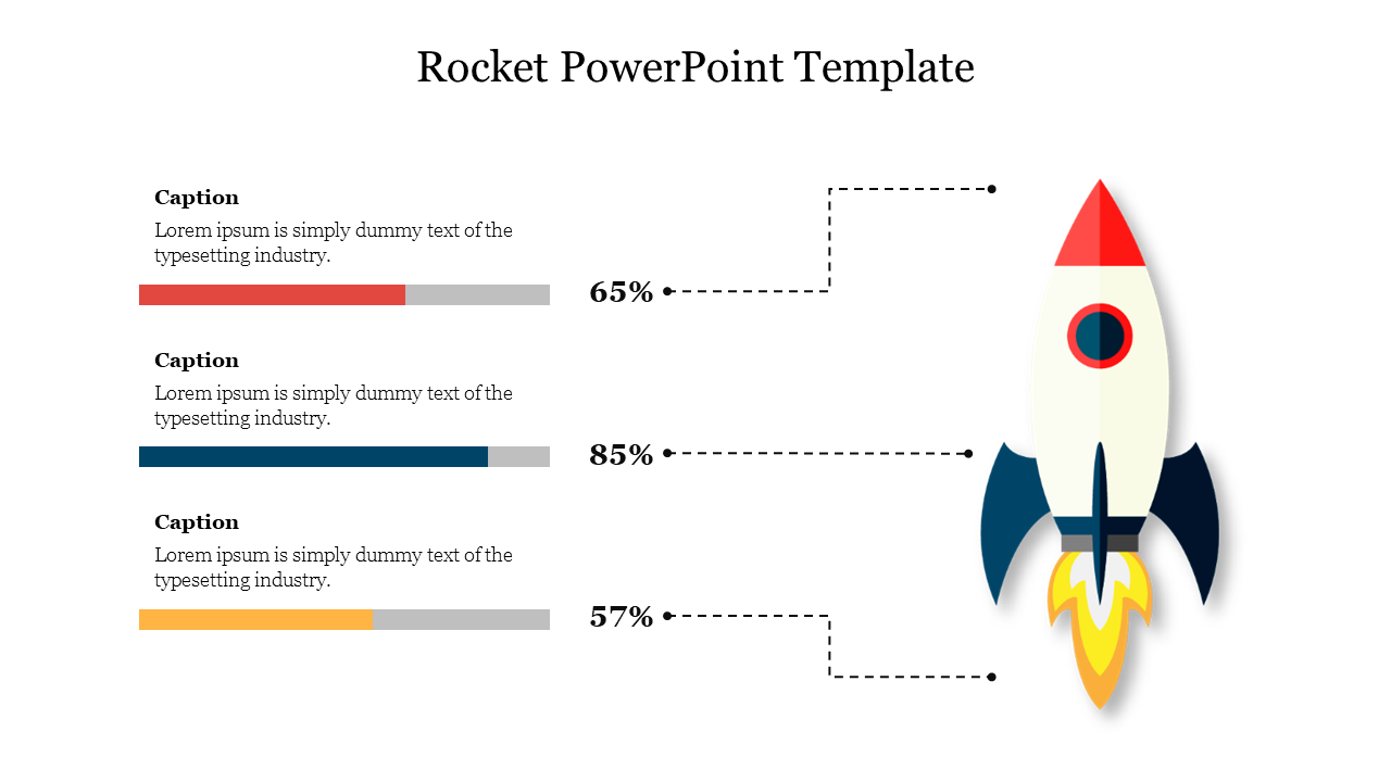 White rocket launching with red tip, black fins, and yellow flame, and three corresponding progress bars beside it.