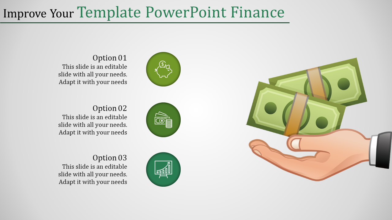 Finance PowerPoint template featuring options with piggy bank, cash, and bar chart icons.