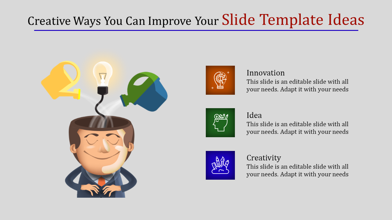 Creative ways to improve slide featuring icons for innovation, ideas, and creativity with placeholder text.