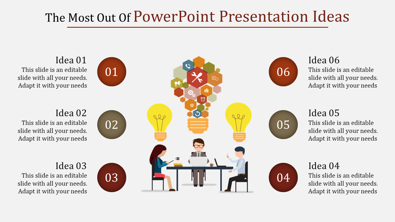 A slide with six numbered points and caption area, and a central illustration of people brainstorming with lightbulbs.