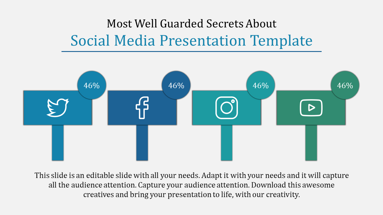 Slide featuring four aligned social media logos on blue and green boards with percentage indicators on circles.