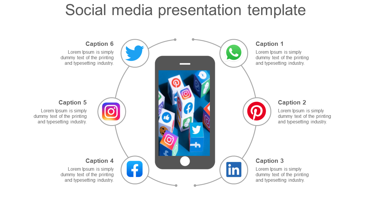 Interactive design showing a smartphone surrounded by circular paths linking to six social media logos on a white background.