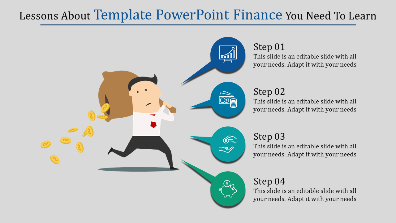 Illustration of financial lessons with a cartoon man and a sack of coins, paired with four steps using circular icons.