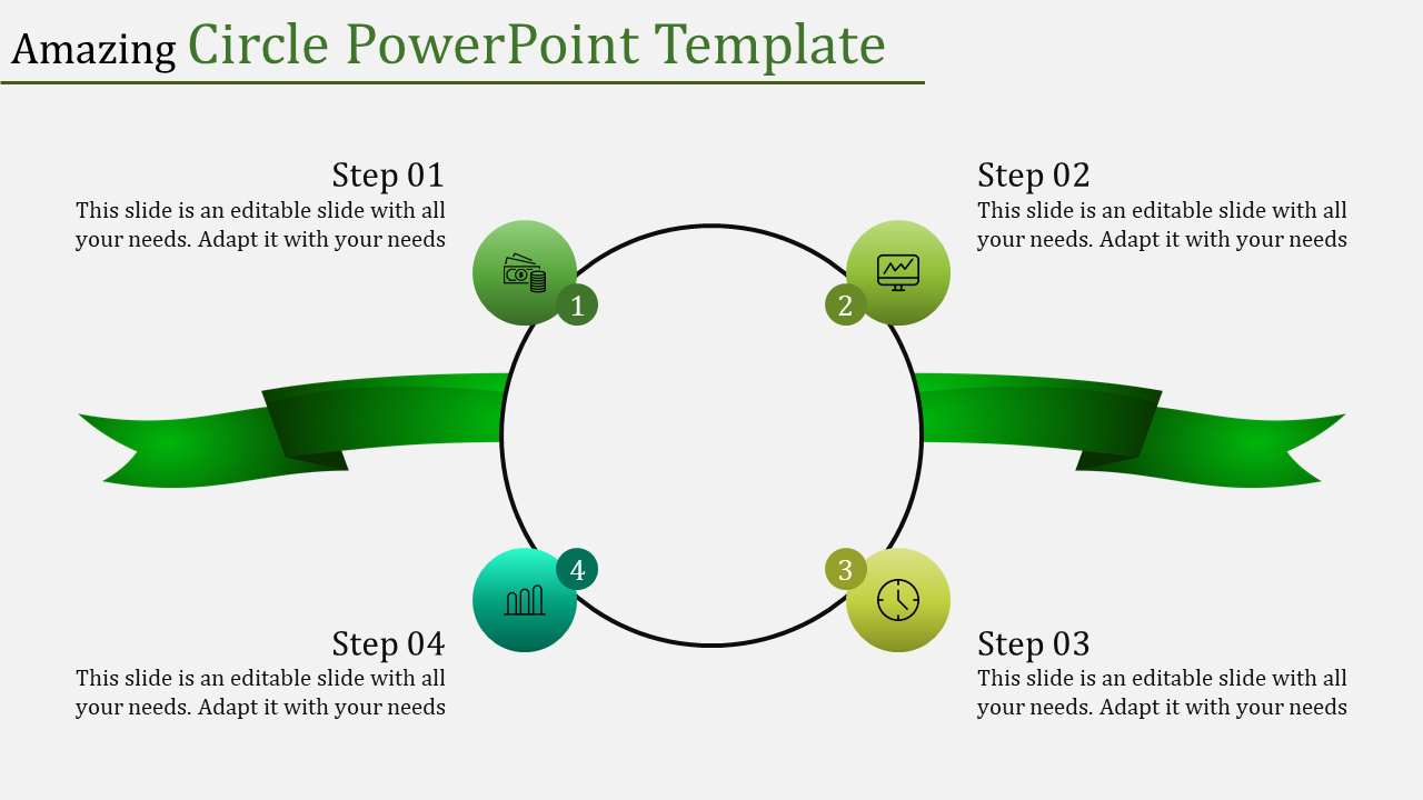 Circular layout with four gradient icons, connected by a thin black ring and a green ribbon in the background.