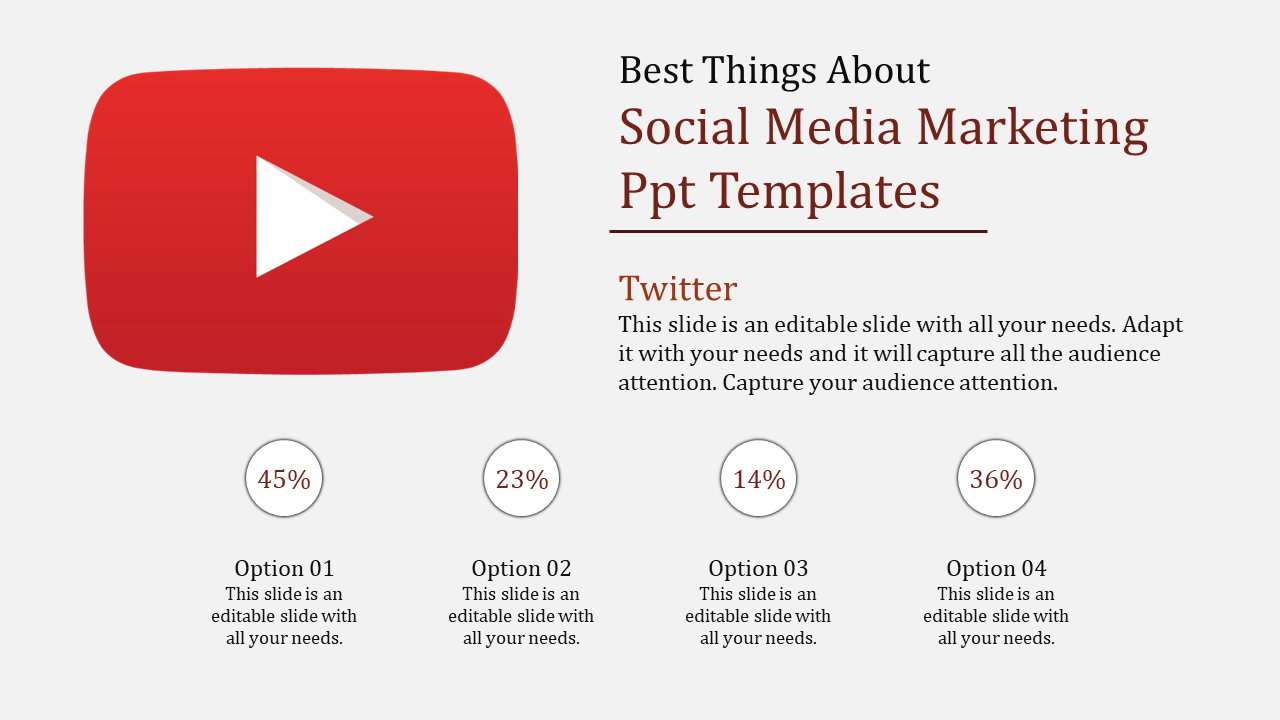 Social media marketing PowerPoint slide showing options with percentages and YouTube logo.