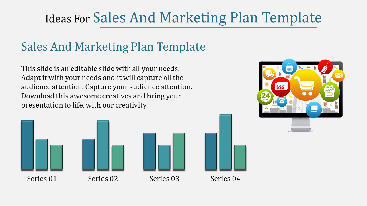 Sales and marketing bar charts in blue and green, labeled with four sections with a monitor in the middle.