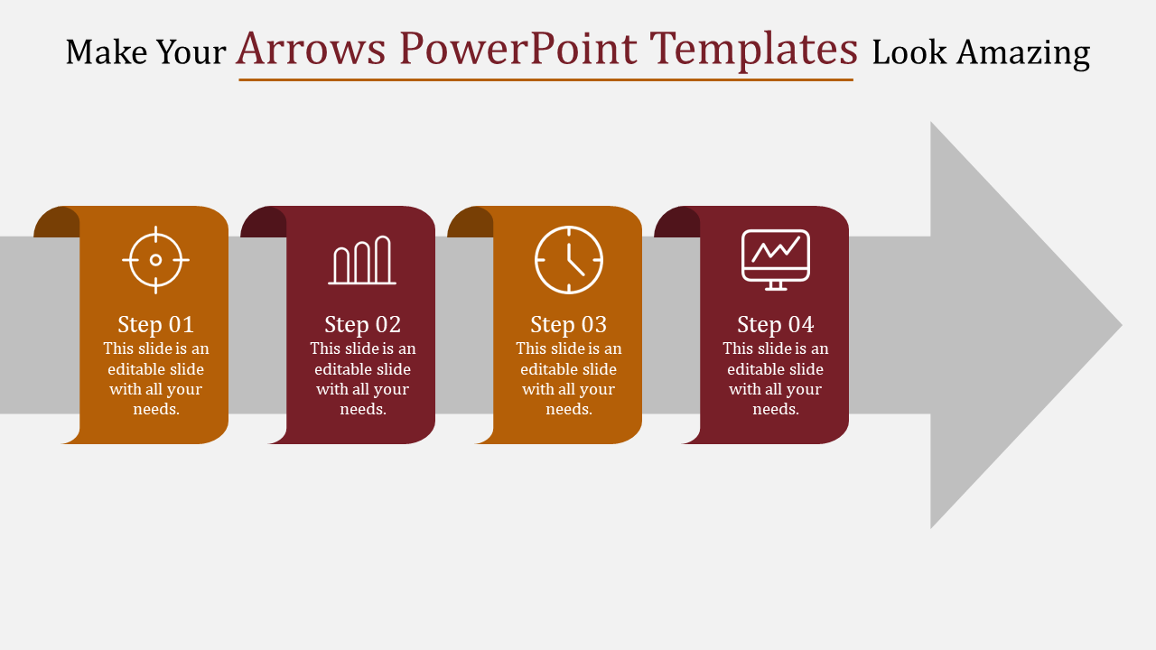 Slide featuring four steps with icons for goal setting, data analysis, timing, and progress tracking, placed on arrows.